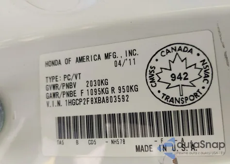 2011 Honda Accord 2.4 Ex-L из США, поврежденный, VIN 1HGCP2F8XBA803592